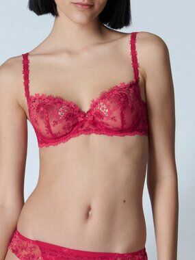 SIMONE PERELE Wish Ruby Red Sheer Embroidered Tulle Unlined Demi Bra, Size 30D